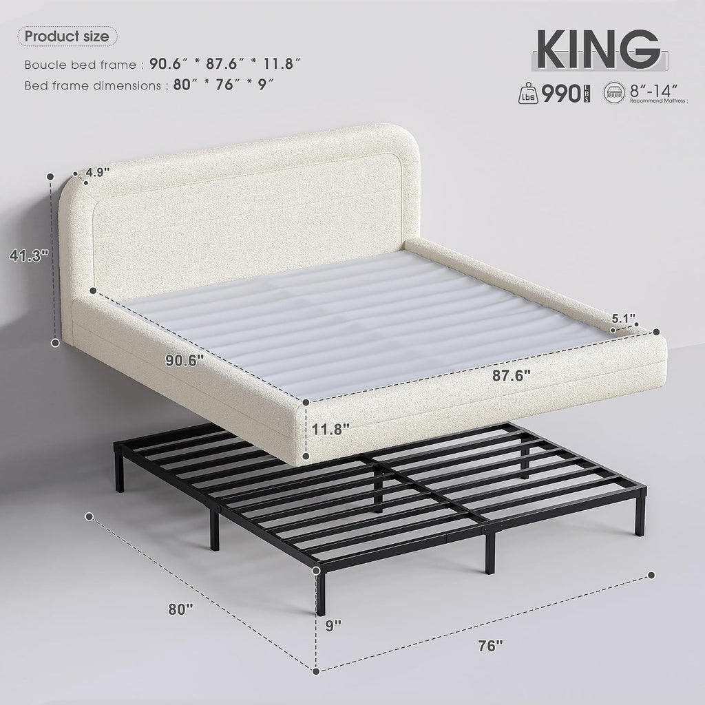Homkdom Cloud Bed Frame and Headboard, Upholstered Soft King Size Bed Frame with Round Edges, Boucle Platform Bed for Apartments & Master Rooms & Guest Rooms, No Box Spring Needed,Beige