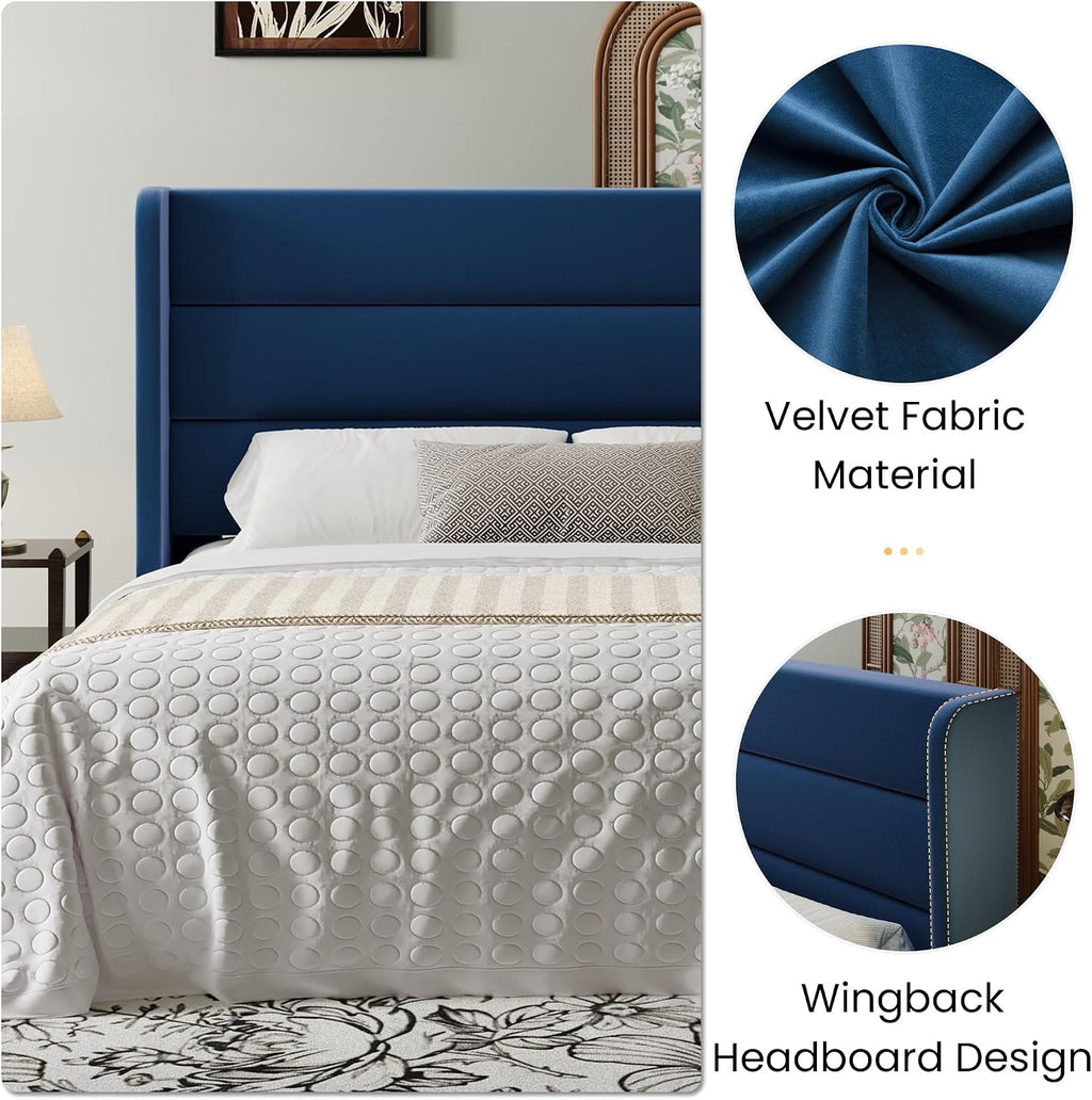 SHA CERLIN Full Size Velvet Bed Frame with Wingback Headboard/Upholstered Platform Bed with Wooden Slats/Mattress Foundation/No Box Spring Needed/Easy Assembly/Blue
