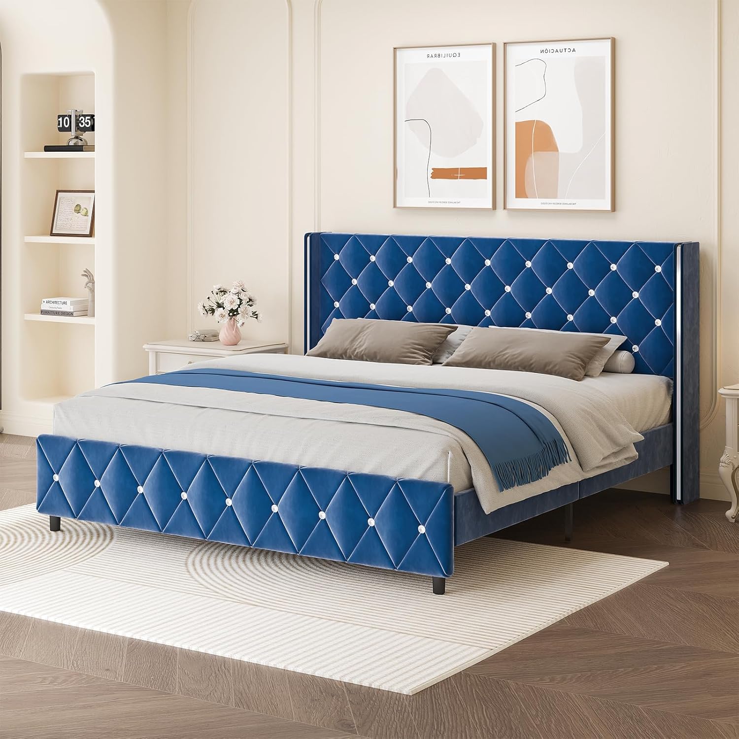 HOMBCK King Size Bed Frame with Headboard, Upholstered Bed with Diamond Tufted Design Design, Modern King Size Bed with Wingback, No Box Spring Needed, Easy Assembly, Blue