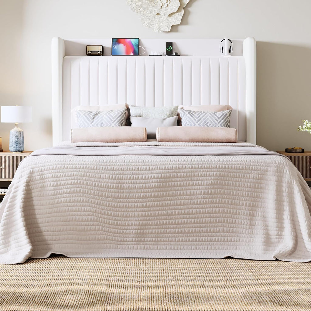 Allewie Full Size Platform Bed Frame with USB Charging Station and Storage Shelf/Upholstered Velvet Wingback Headboard/Wooden Slats Support/No Box Spring Needed/Easy Assembly, White