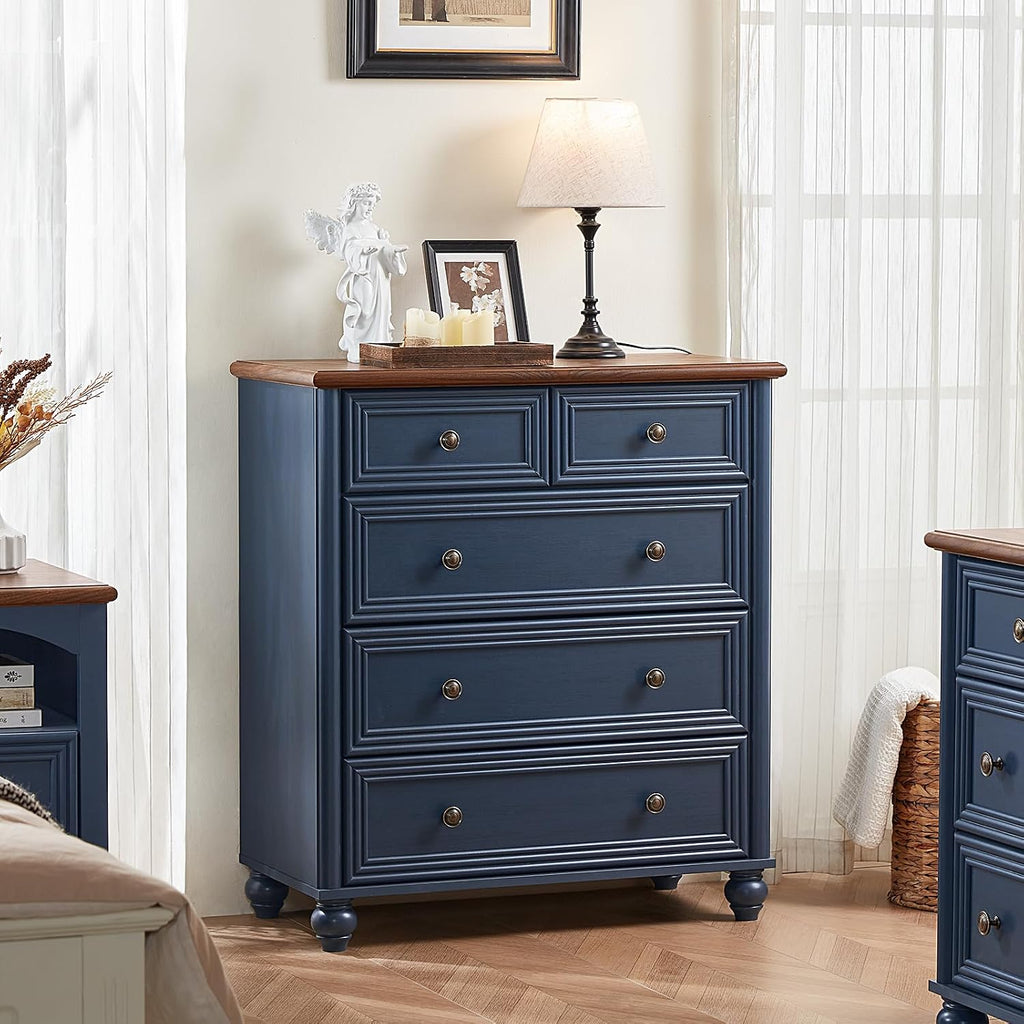 RWYHG Farmhouse 5 Drawer Dresser, Blue Rustic Chest of Drawers, 35.5' Tall Small Dressers for Bedroom with Roman Column and Metal Handles,Wood Storage Organizer for Living Room, Hallway, Closet