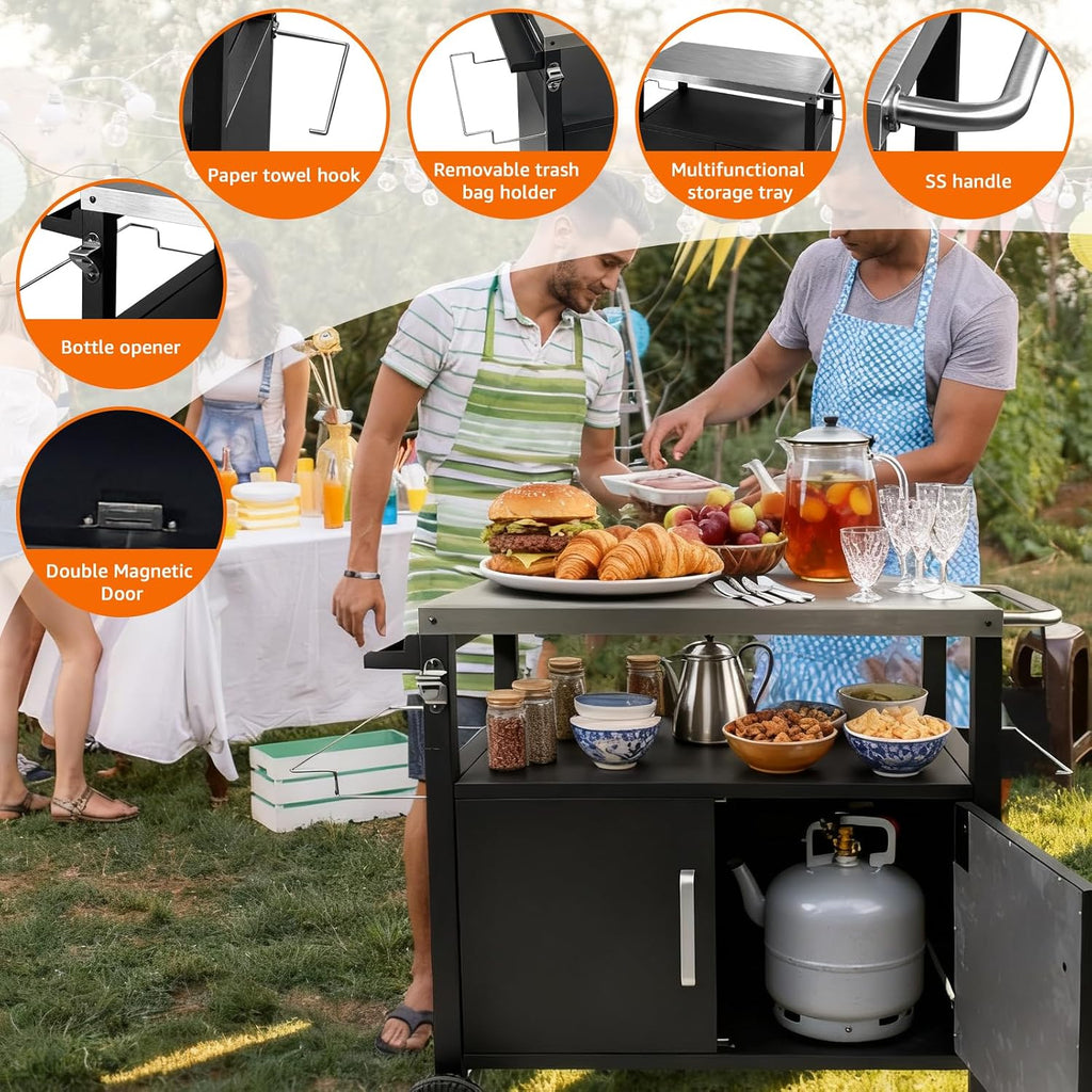 Grill Cart with Storage, 44 Inch Heavy Duty Outdoor Kitchen Cart on Wheels, Mobile BBQ Prep Table with Stainless Steel Top & Enclosed Cabinet for Pizza Oven, Tailgating & Camping