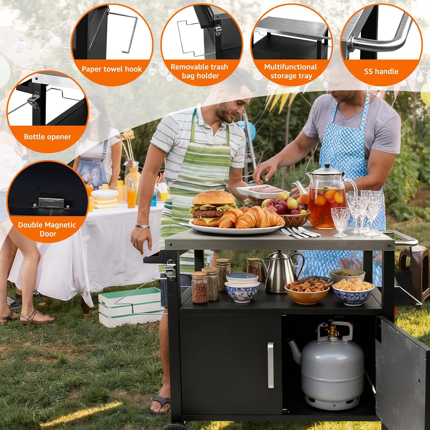 Grill Cart with Storage, 44 Inch Heavy Duty Outdoor Kitchen Cart on Wheels, Mobile BBQ Prep Table with Stainless Steel Top & Enclosed Cabinet for Pizza Oven, Tailgating & Camping