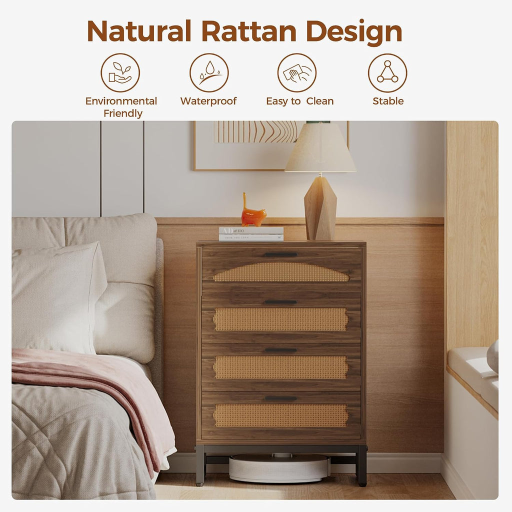 Mericonia 4 Drawer Rattan Dresser for Bedroom, Wood Tall Dresser for Closet with Metal Handles, Boho Nightstand Sets, Dressers & Chests of Drawers for Bedroom, Hallway and Entryway, Walnut