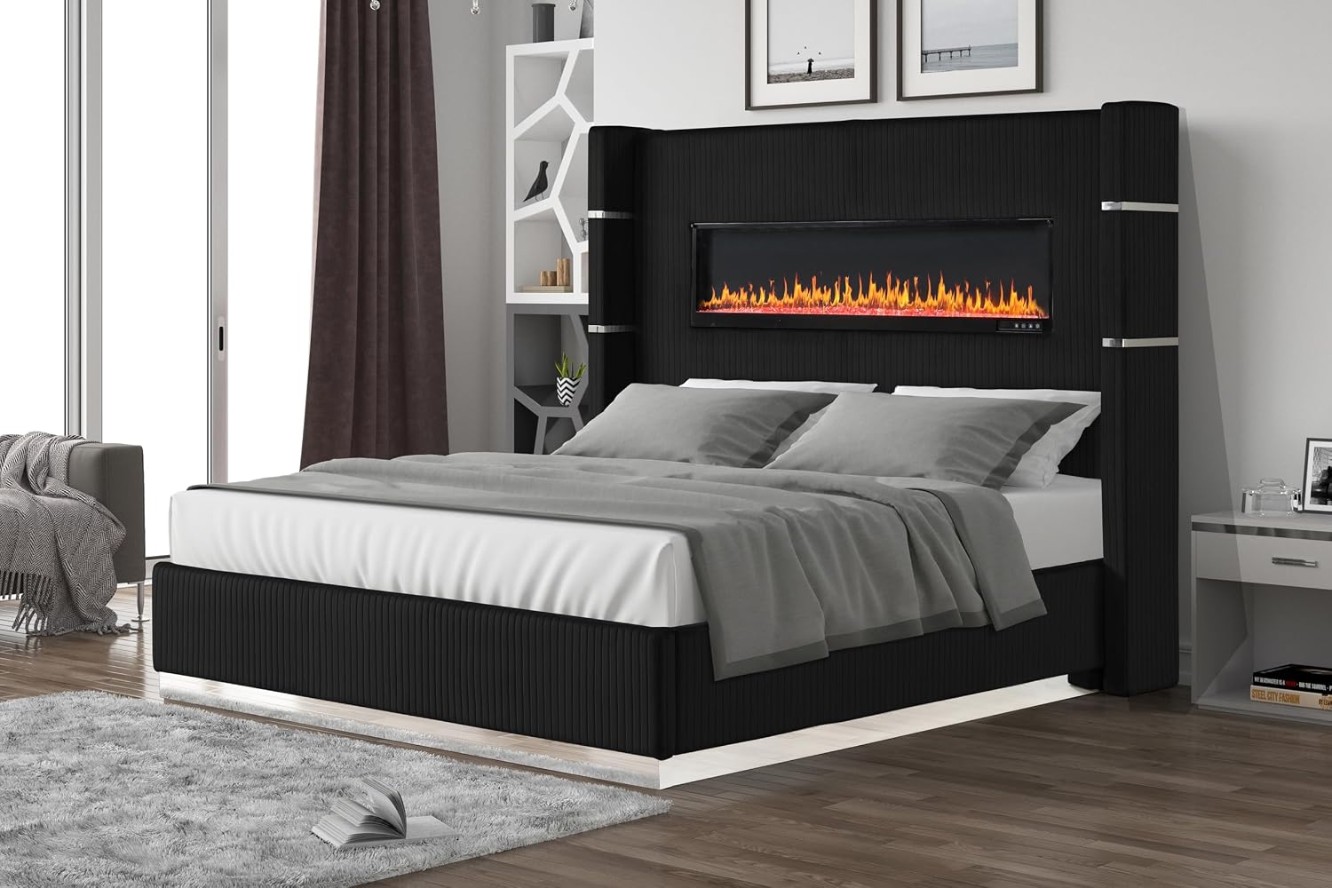 GOWE LIZZELLE Upholstery Wooden King 4 PC Bedroom Set with Ambient Lighting in Black Velvet Finish (NJ Inventory)