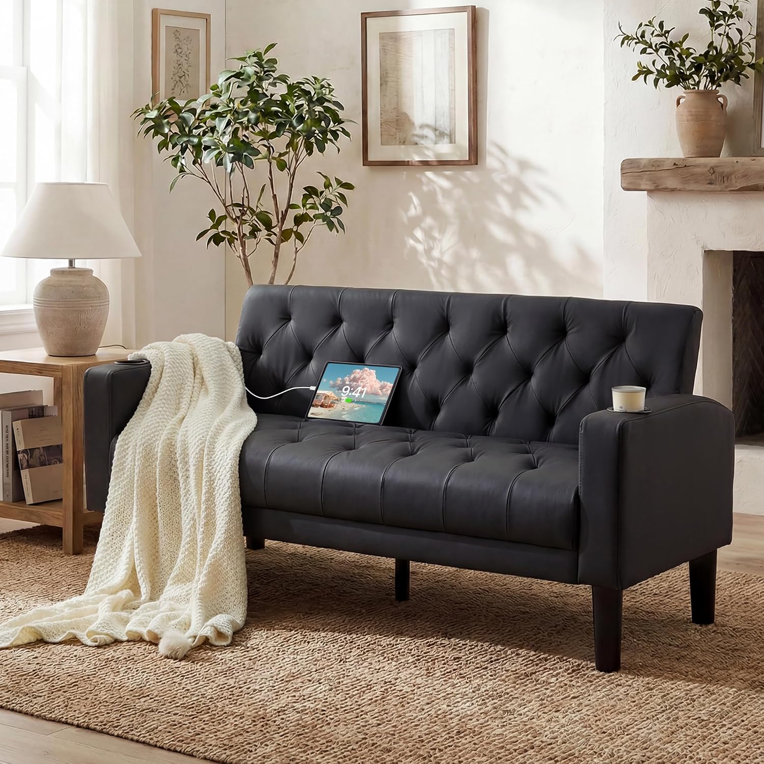 TYBOATLE 62' W Loveseat Sofa w/ 2 USB Charger Ports and 2 Cupholders, Mid-Century Modern Tufted Black Leather Small Love Seat Couches for Compact Living Room, Office, Bedroom, Apartment, Dorm