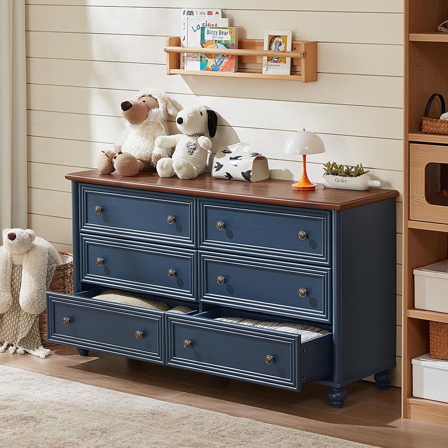 Farmhouse Dressers & Night Stand Set of 3, Wood 54' Wide Dresser & 43.5'Tall Chest of Drawers, 18' Roman Column Nightstand, Bedroom Furniture 6 Drawer Dresser Set for Bedroom Home Living Room Hallway