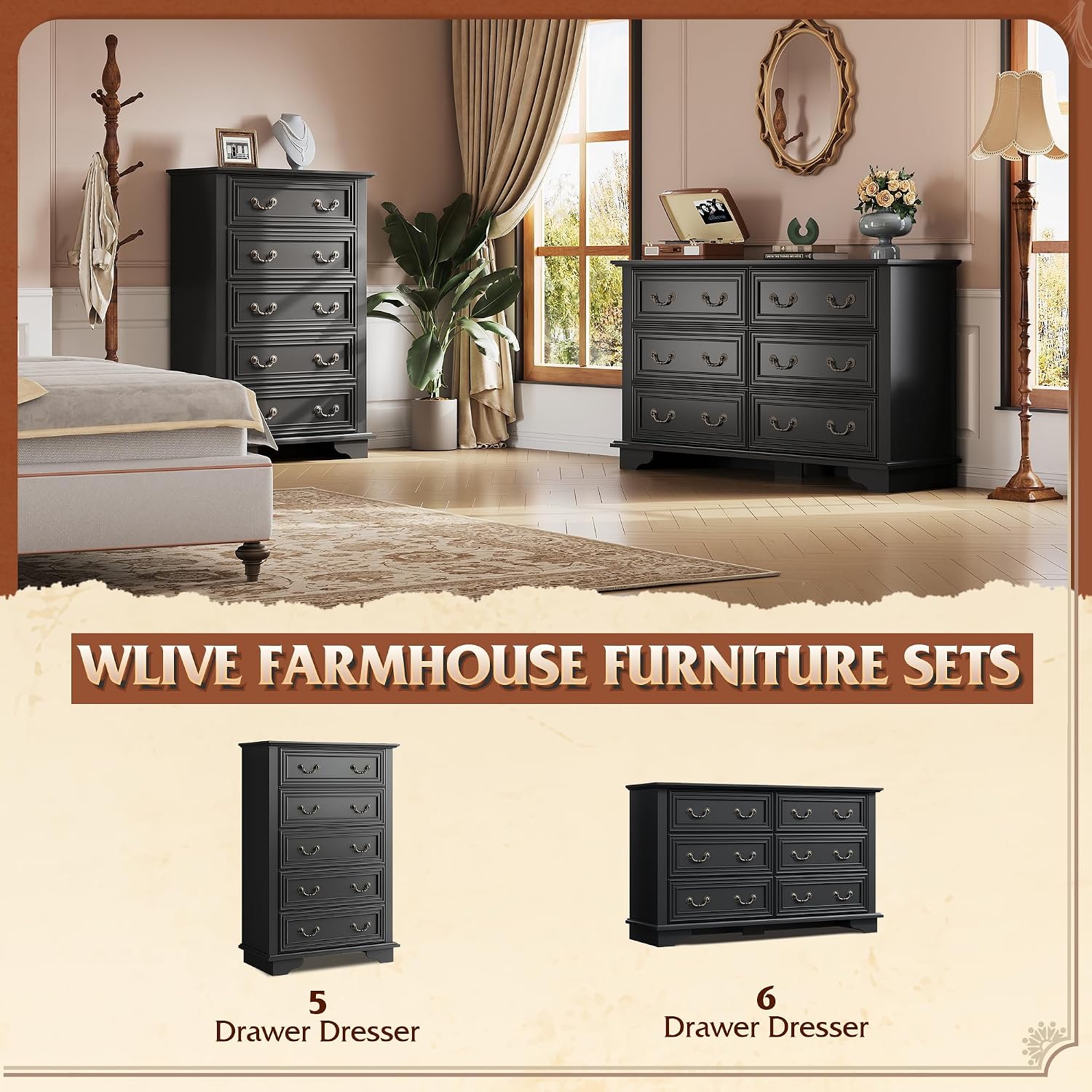 WLIVE Farmhouse Dresser for Bedroom, Tall Wood Dresser with 5 Drawer, Chest of Drawers with Roman Metal Handle for Living Room, Hallway, Closet, Black