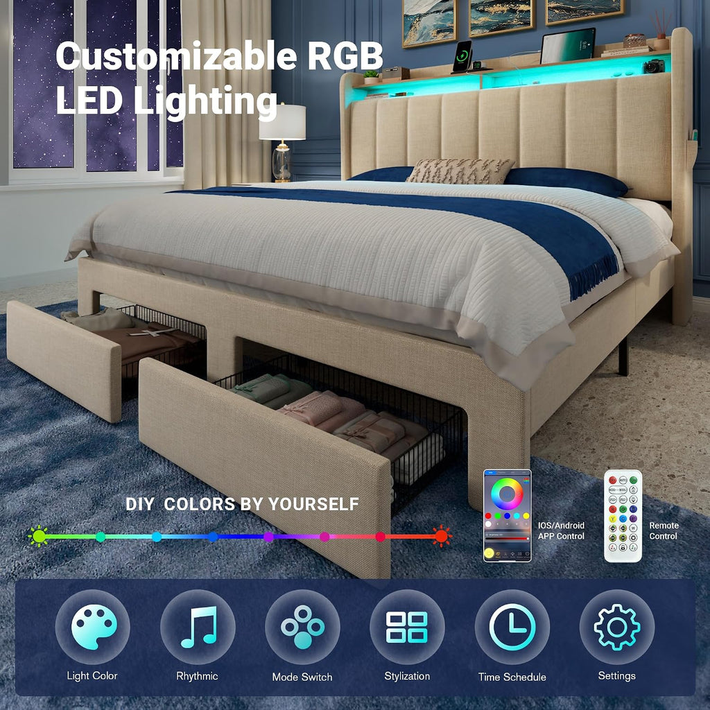 Allewie Vertical Tufted Full Size Upholstered Platform Bed Frame with 2-Tier LED Storage Headboard & 2 Storage Drawers, USB & Type-C Charging Ports, Noise-Free/No Box Spring Needed, Beige