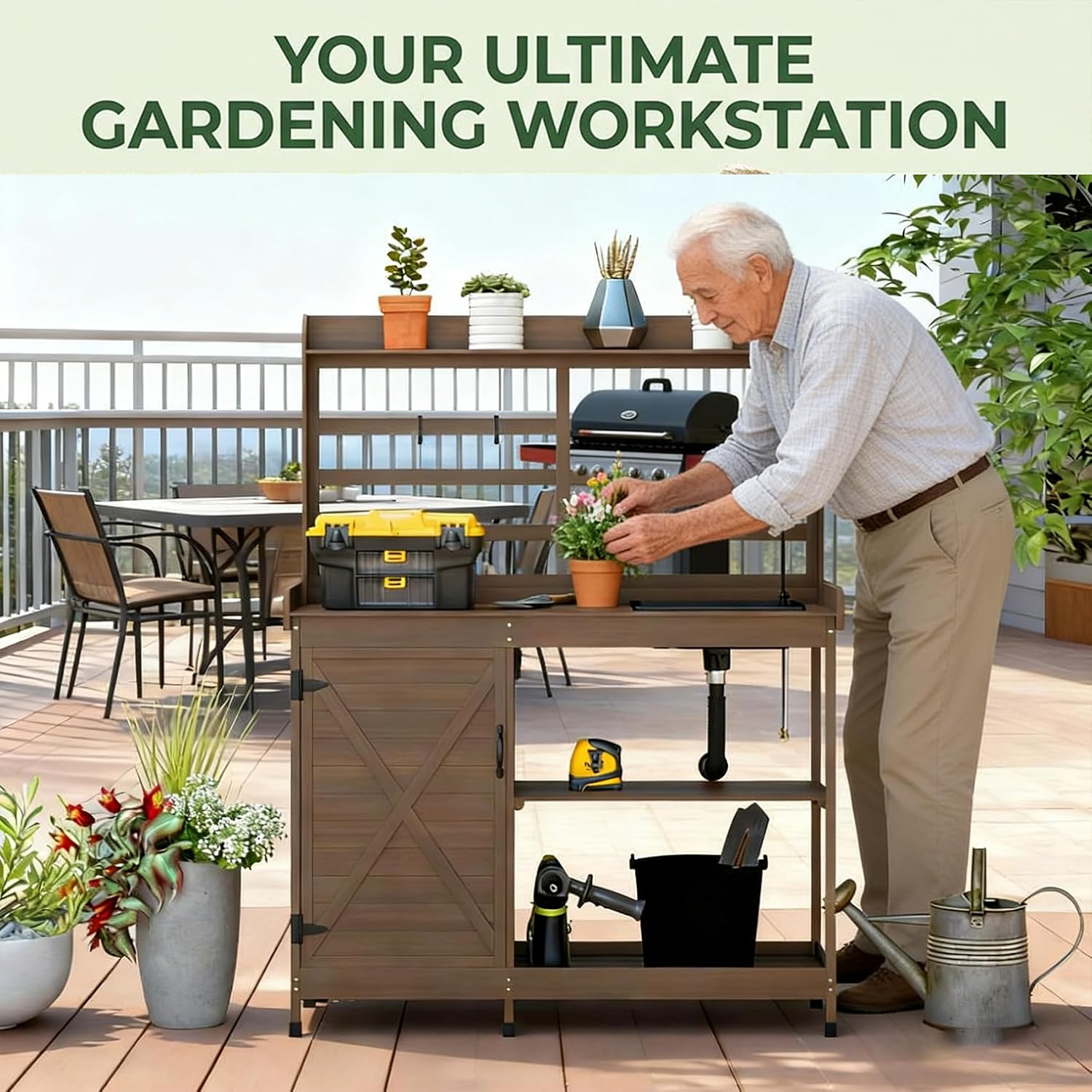 Potting Table, Wooden Potting Bench with Sink Table, Sturdy Garden Work Bench for Outside, Planting Table with Storage Cabinet & Top Shelf, Farmhouse Style, Natural Wood (Dark Brown)