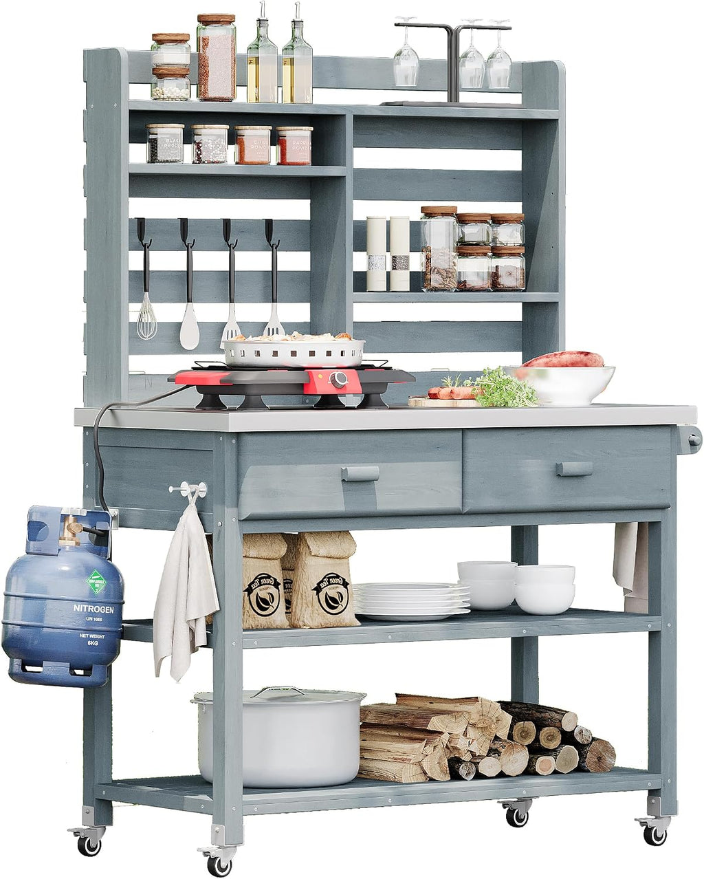 Harper & Bright Designs Outdoor Potting Bench Table, Solid Wood Kitchen Island with Drawer and Shelf, Lawn Garden, 64.9' H, Grey Blue