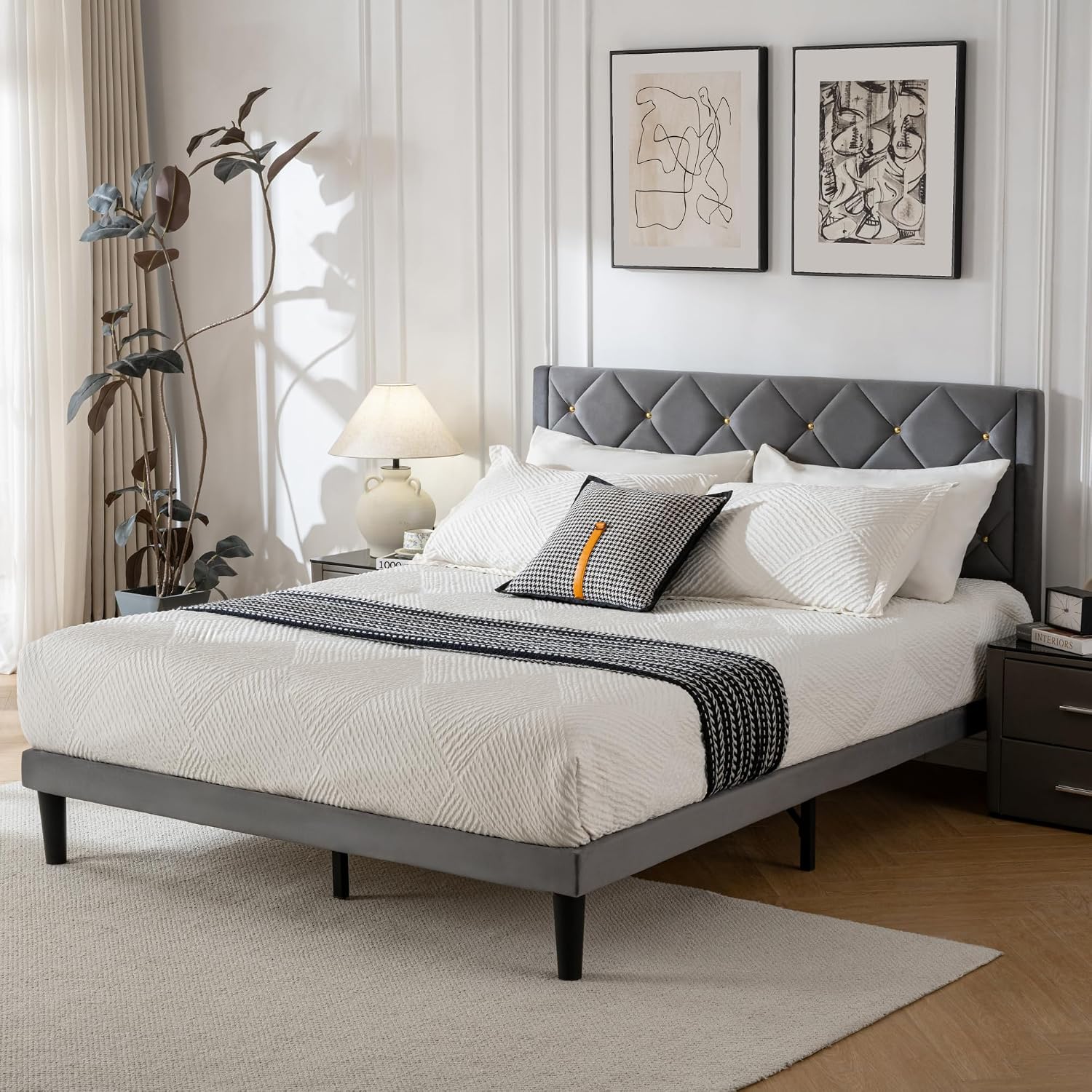 Full Size Platform Bed Frame with Velvet Headboard, Sturdy Wooden Slats Support, Mattress Foundation, No Box Spring Required, Non-Slip and Noise-Free,Easy Assembly, Grey