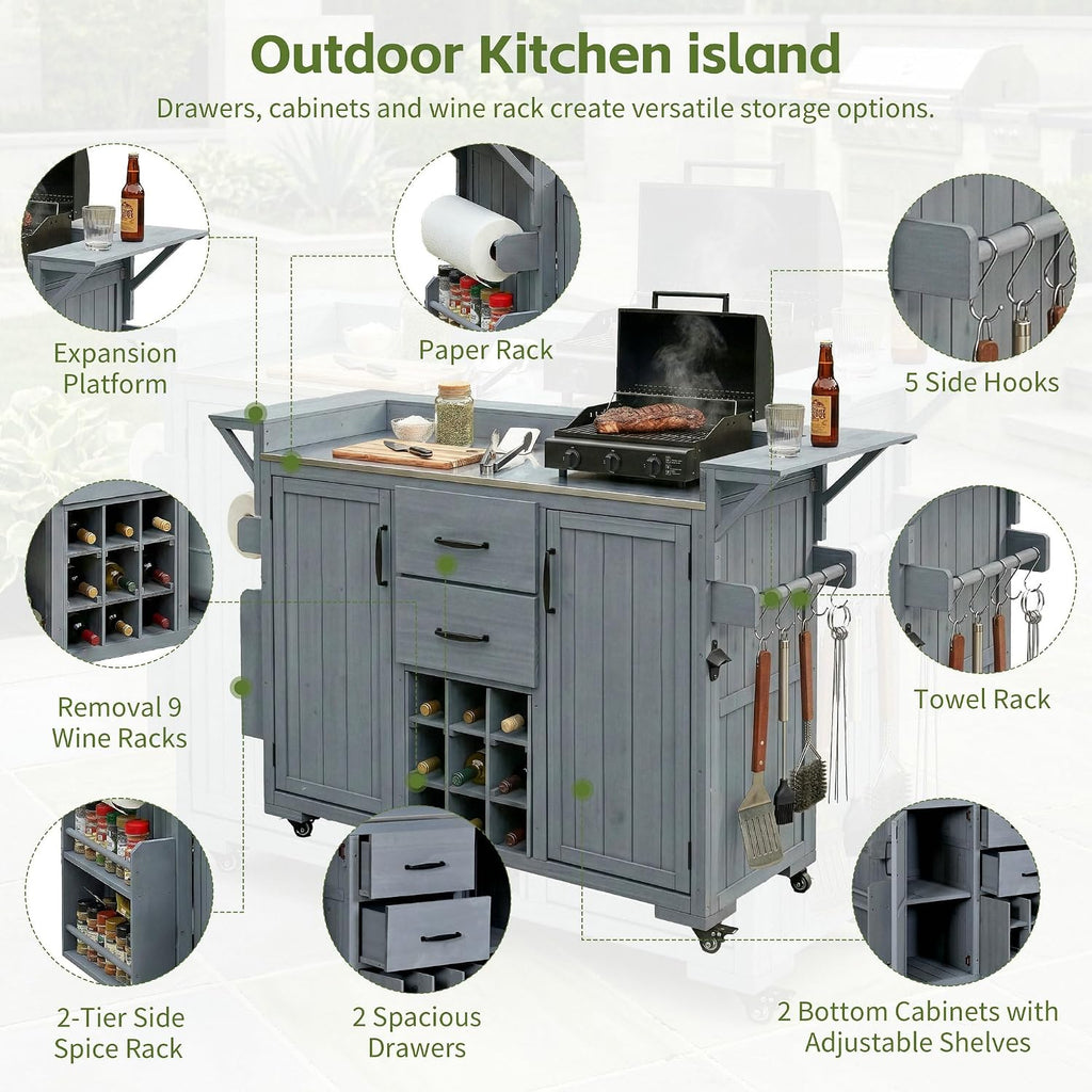 LUMISOL Outdoor Grill Cart with Stainless Steel Top, Wood Kitchen Island with Spice Rack & Wine Rack, 2 Drawers, Rolling Patio BBQ Kitchen Cart for Outdoor Cooking, Gray