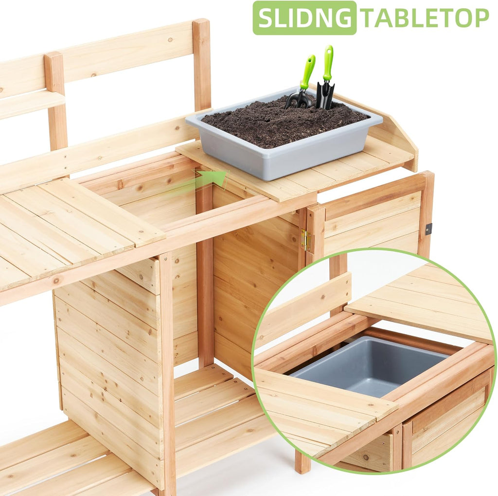 42' Outdoor Potting Bench with Sink, Wooden Potting Table with Sliding Tabletop, Storage Cabinet & Bottom Shelf, Garden Work Bench for Patio Backyard Porch, Natural