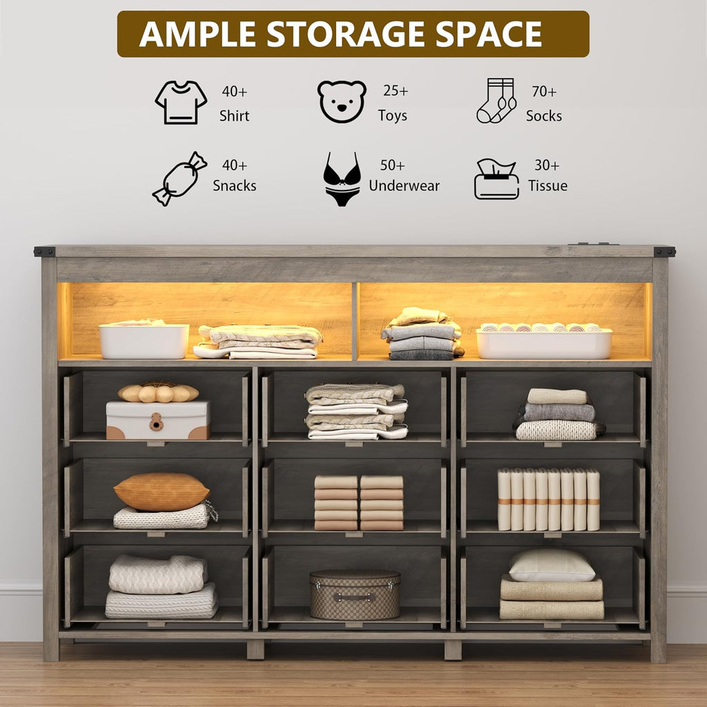 Dresser for Bedroom with 9 Drawers, Wide Chest of Drawers with LED Light and Power Outlet, Wooden Closet Organizer Clothes Storage Cabinet, Modern Double Dressers for Living Room, Hallway, Grey