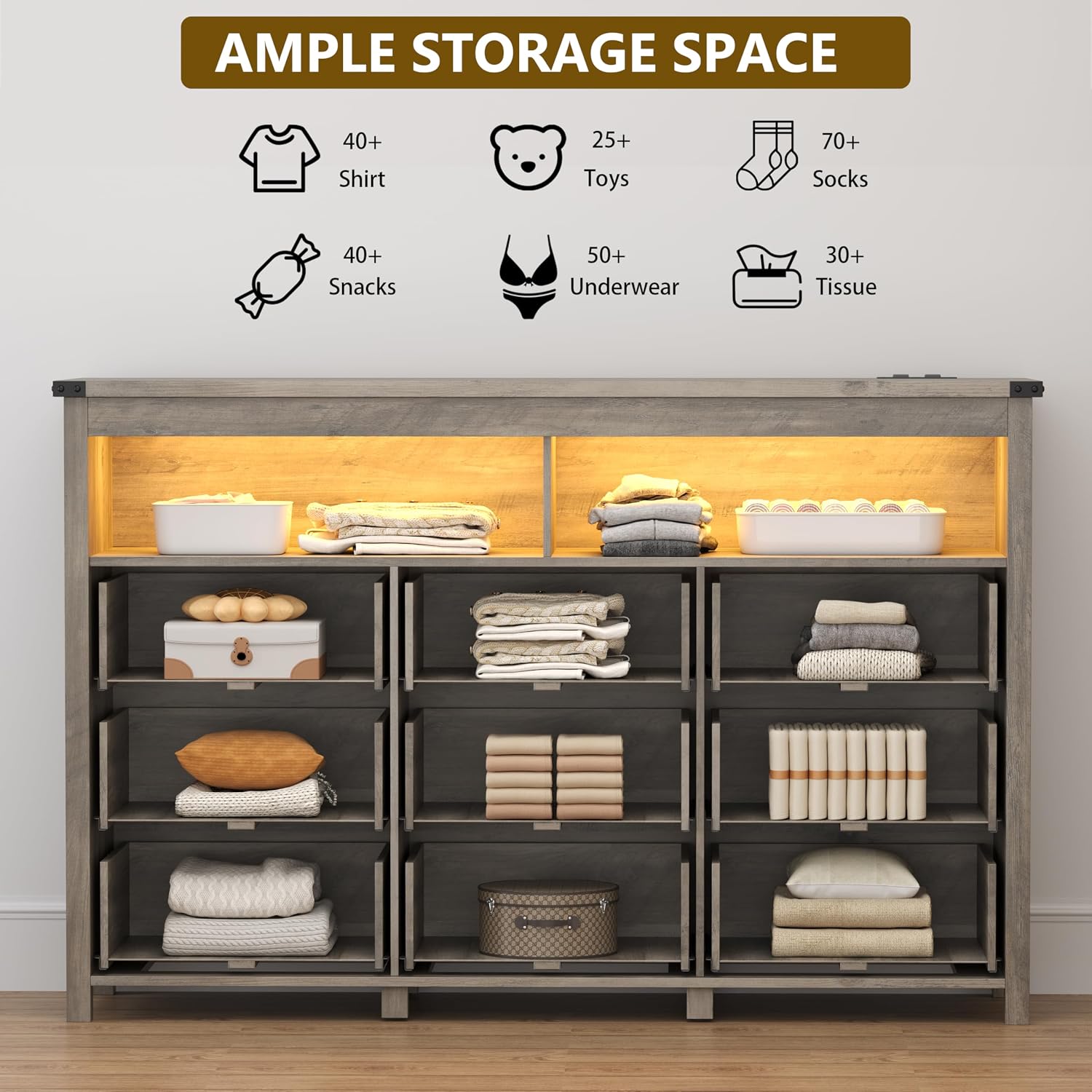 Dresser for Bedroom with 9 Drawers, Wide Chest of Drawers with LED Light and Power Outlet, Wooden Closet Organizer Clothes Storage Cabinet, Modern Double Dressers for Living Room, Hallway, Grey