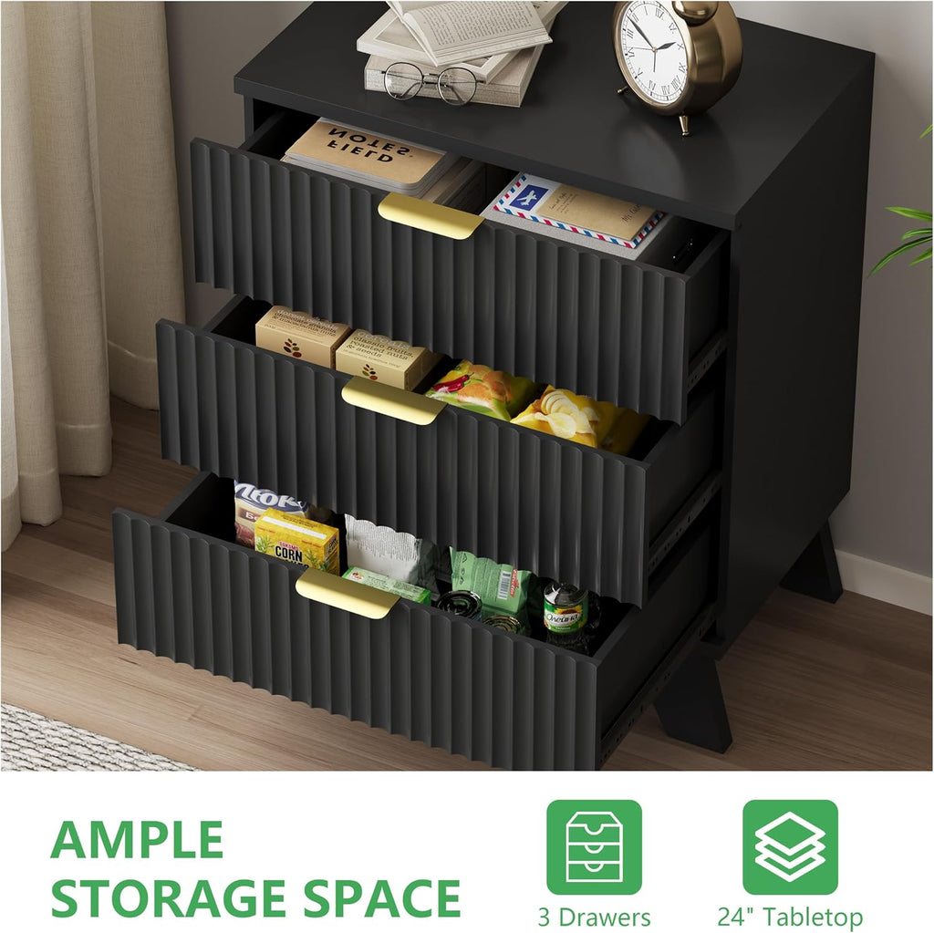 Fluted Dresser for Bedroom with 3 Drawers, 24' Wide Modern Chest of Drawers with Metal Handle, Wooden Dresser TV Stand, Wood Closet Clothes Storage Drawer Organizer for Living Room, Hallway, Black