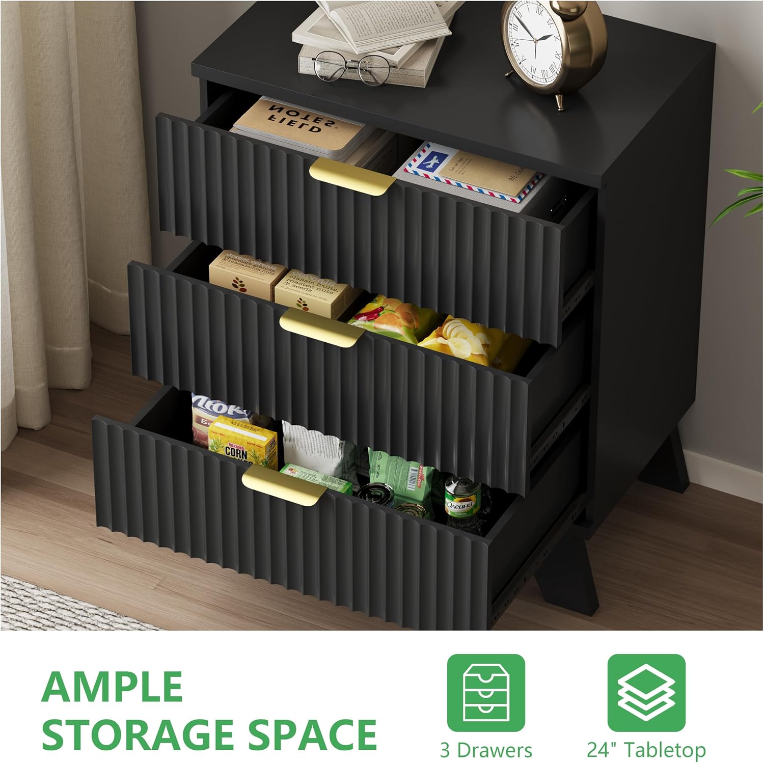 Fluted Dresser for Bedroom with 3 Drawers, 24' Wide Modern Chest of Drawers with Metal Handle, Wooden Dresser TV Stand, Wood Closet Clothes Storage Drawer Organizer for Living Room, Hallway, Black