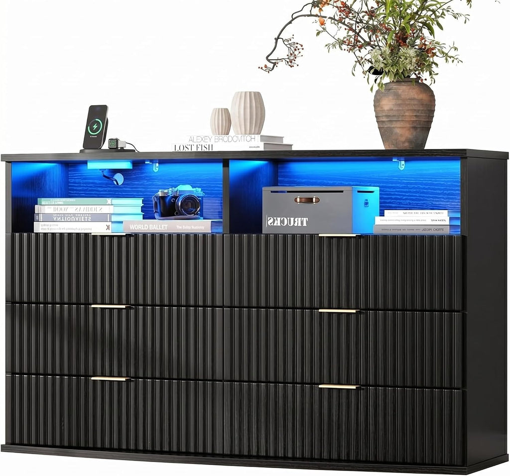 Gyfimoie Fluted 6 Drawer Dresser with LED Lights, Modern Black Chest of Drawers with Power Outlet & Curved Top, Wood Dresser TV Stand, Black Double Dresser for Bedroom, Living Room, Hallway