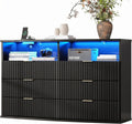 Gyfimoie Fluted 6 Drawer Dresser with LED Lights, Modern Black Chest of Drawers with Power Outlet & Curved Top, Wood Dresser TV Stand, Black Double Dresser for Bedroom, Living Room, Hallway