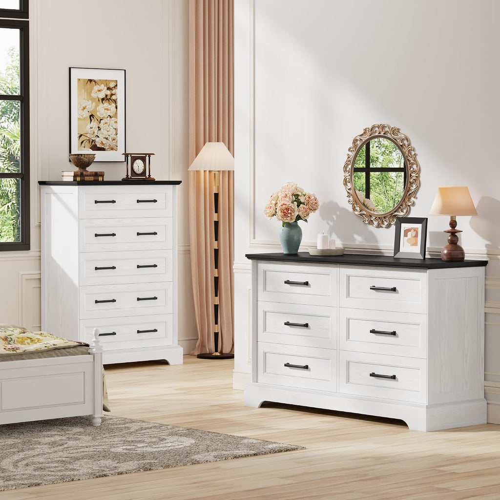 Furmax Farmhouse Dresser for Bedroom, 6 Drawers Dresser, Wood Chest of Drawers, 47.2' Wide Storage Dressers Organizer for Bedroom, Living Room, White and Black