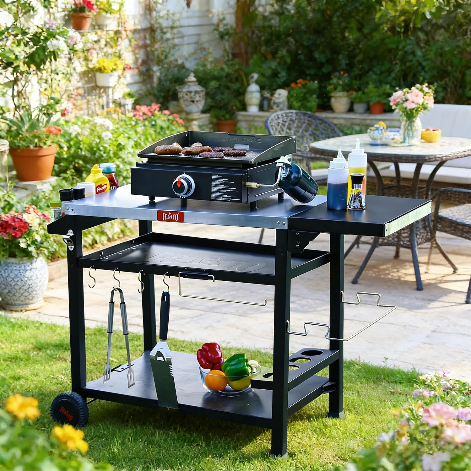 Feasto 40x26 Outdoor Grill Cart, Stainless Steel Tabletop, 3-Shelf Rolling | Pizza Oven Table, Pizza Oven Stand, BBQ Grill with Wheels for Food Prep, Outdoor & Indoor, Dining, Kitchen Cart Table
