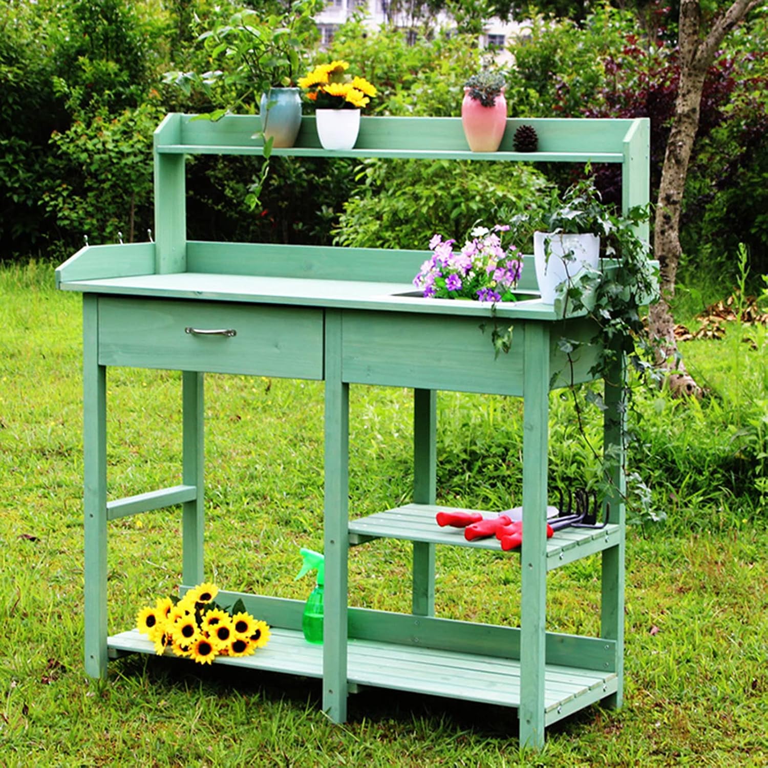 Garden Potting Bench Table, Wood Outdoor Workstation with Storage Cabinet and Planting Sink, Side Hooks and Bottom Shelf for Garden Supplies