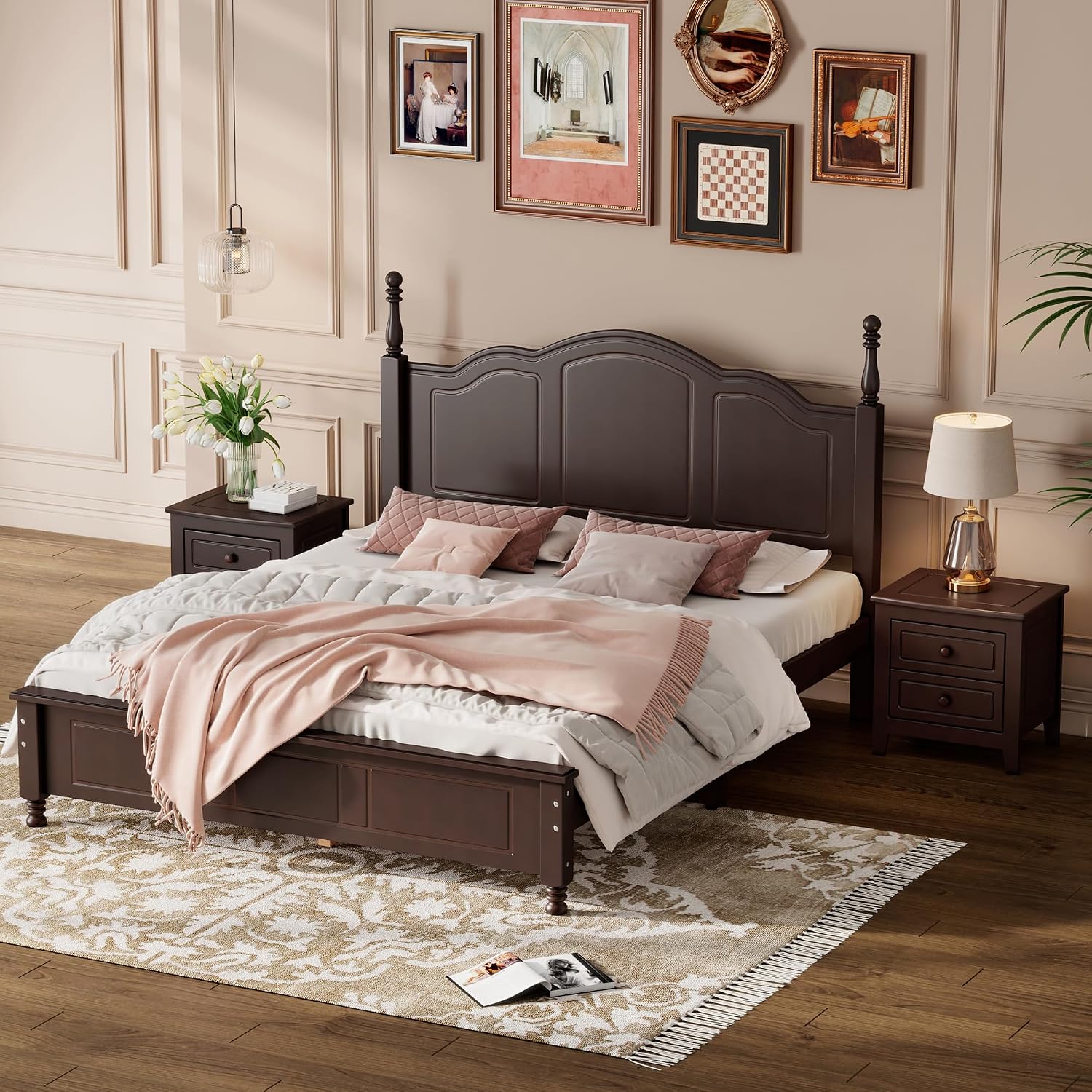 Merax 3-Pieces Bedroom Sets, Queen Size Retro Style Wood Bed Frame with Two Nightstands and high Headboard for Bedroom, Wood Slat Support, No Box Spring Needed, Easy Assembly (Dark Walnut)
