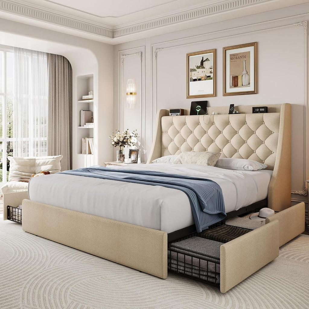 Full Size Upholstered Platform Bed Frame with 4 Storage Drawers and Charging Station, Linen Button Tufted Wingback Headboard, Sturdy Wooden Support Slats, No Box Spring Needed, Beige