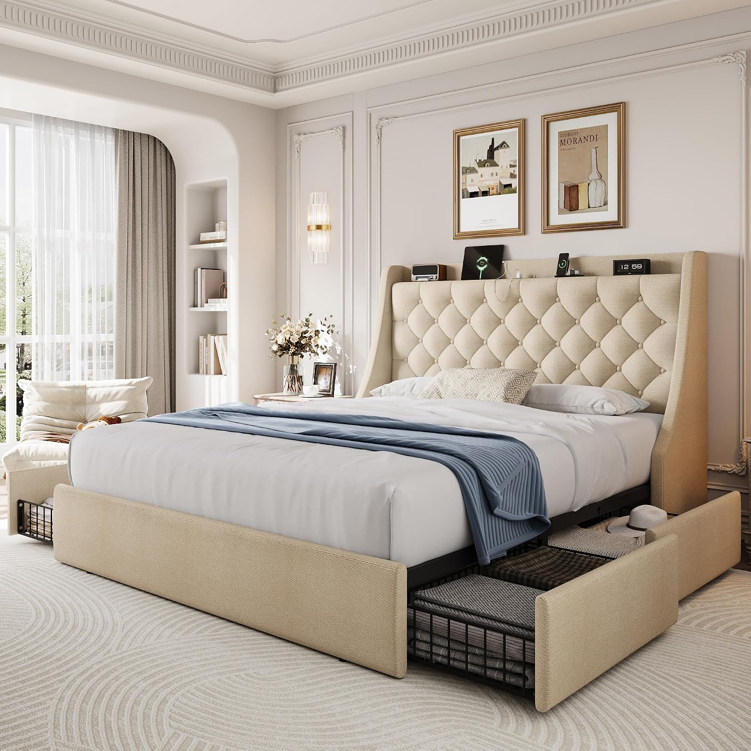 Full Size Upholstered Platform Bed Frame with 4 Storage Drawers and Charging Station, Linen Button Tufted Wingback Headboard, Sturdy Wooden Support Slats, No Box Spring Needed, Beige