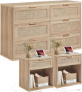 LEYAOYAO Rattan Dresser and Nightstand Sets 3 Piece, Boho Wood Dresser for Bedroom with 6 Drawers and Night Stand with Charging Station, Bedroom Furniture, Dressers & Chests of Drawers, Living Room