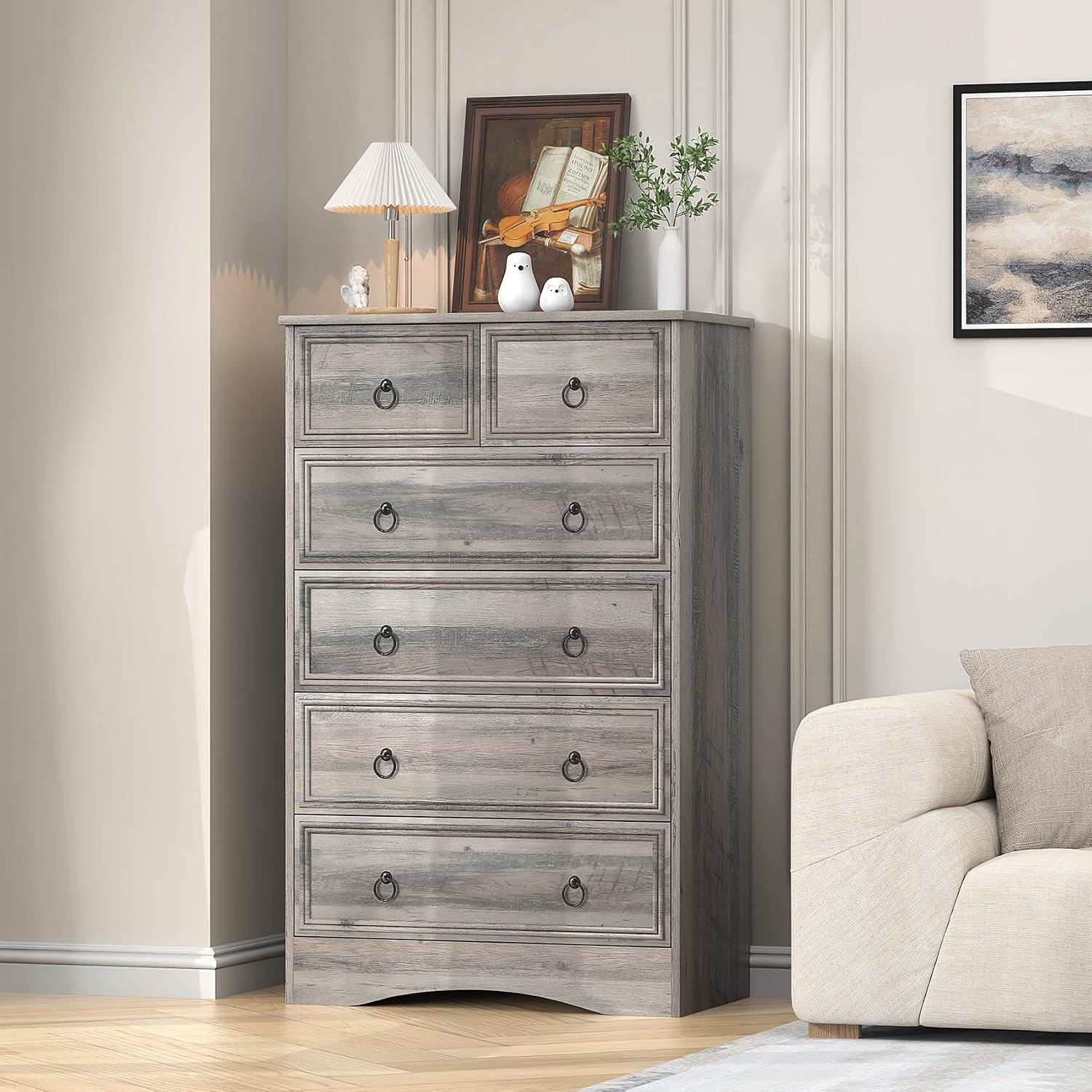 VVFLU 48'' Tall Grey Dresser with 6 Drawers Chest of Drawers for Bedroom, Large Storage Organizer for Clothes, for Living Room, Bedroom, Hallway, Taupe Grey