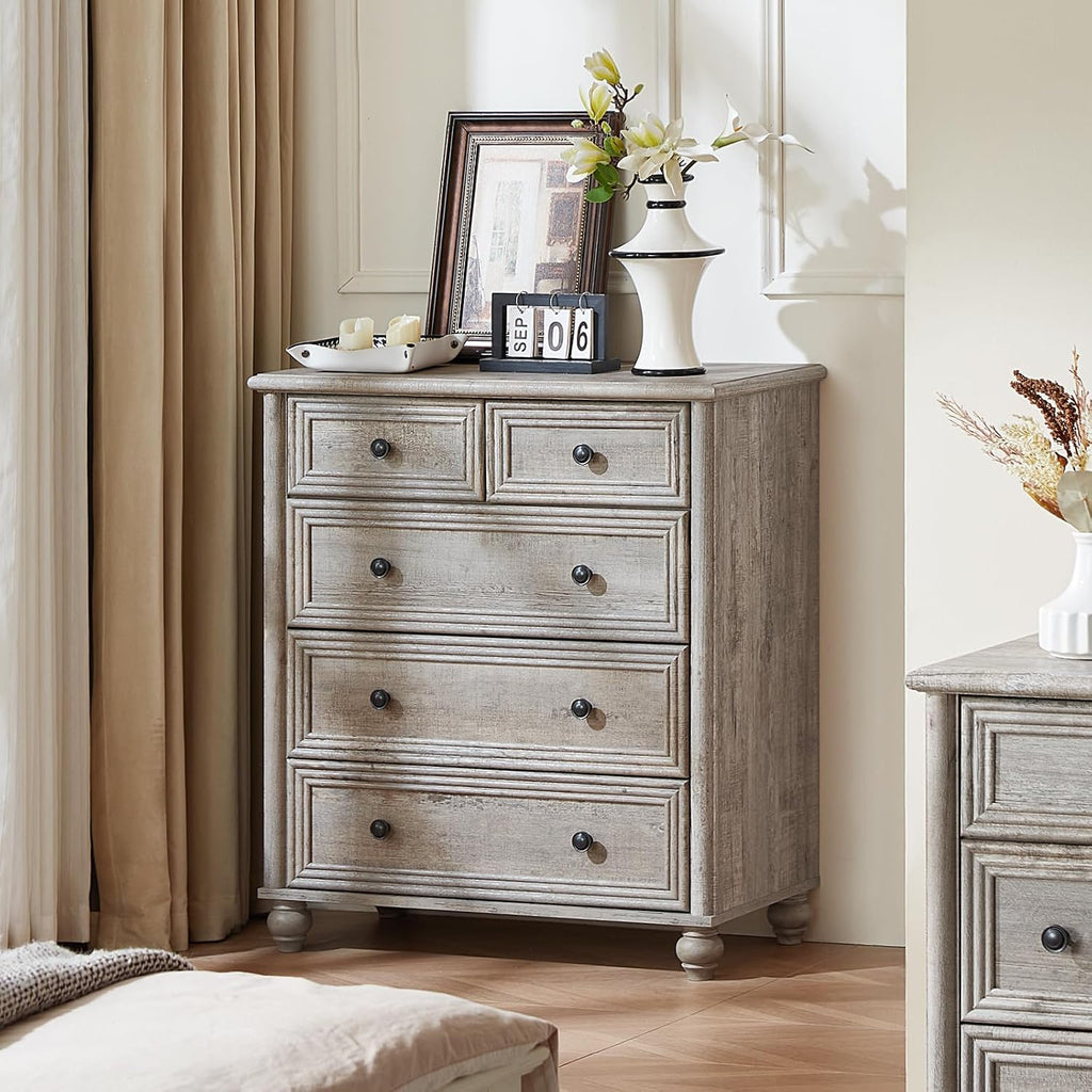 RWYHG Farmhouse 5 Drawer Dresser for Bedroom, 35.5' Tall Small Dressers & Chest of Drawers, Rustic Wood Dresser with Roman Column, Storage Organizer for Living Room, Hallway, Closet (Grey)