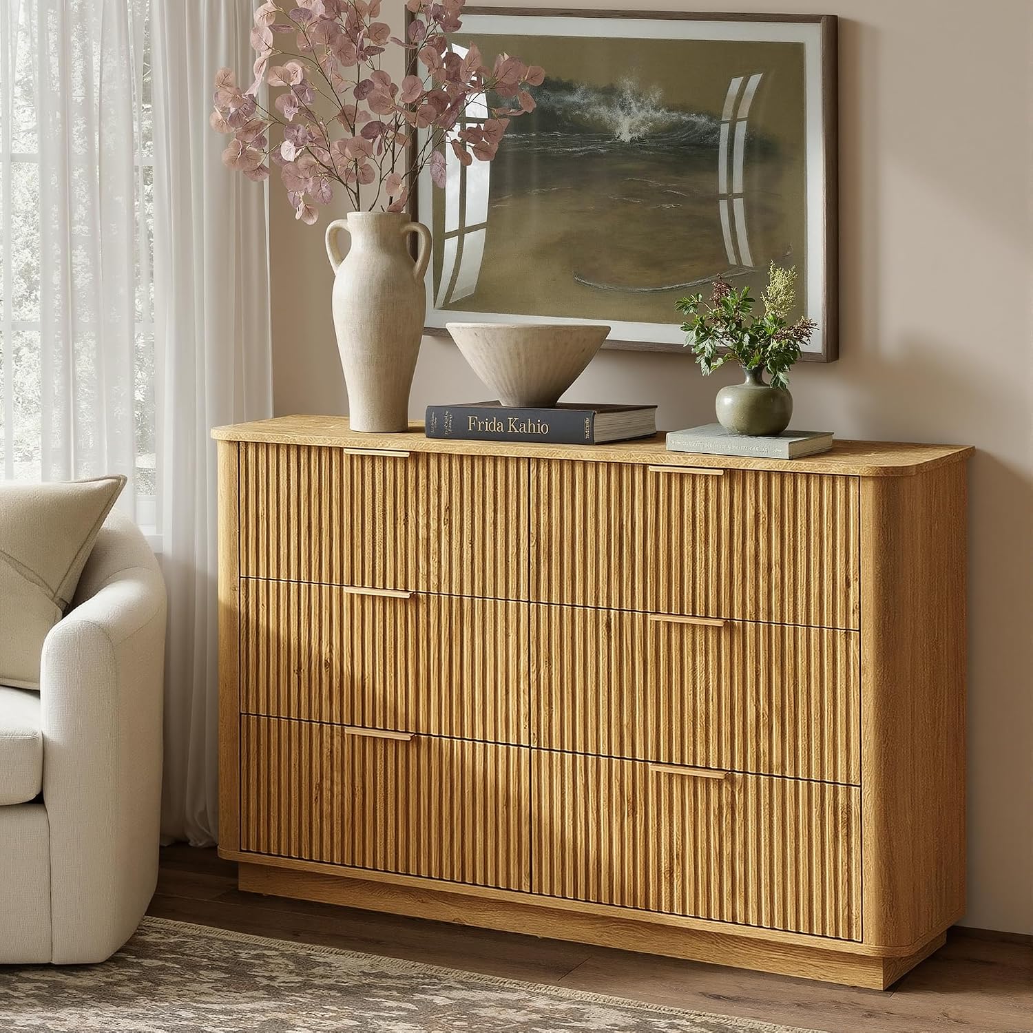 win2win 6 Drawer Dresser, Modern Dresser with Storage, 47' Wide Fluted Chest of Drawers with Faux Marble Top, Dressers TV Stand, Minimalist Drawers Organizer for Bedroom, Living Room, Hallway, Oak