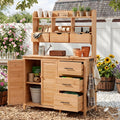 Farmhouse Patio Potting Bench with Storage Cabinet, 65' H Garden Workstation with 6 Drawers and Side Hooks, Outdoor Kitchen Island with Adjustable Shelf for Patio, Backyard, Natural
