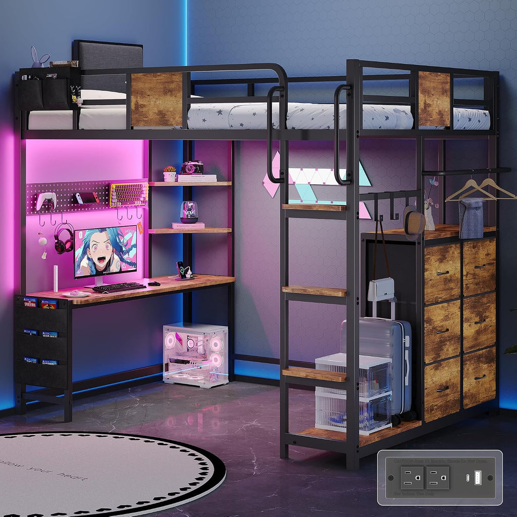 Dnxao Twin Loft Bed with Desk, Twin Bed Frame with 6 Storage Drawers, 2 Bedside Organizer,3 Movable Hooks,LED Lights & Charging Station,Bunk Bed with Desk, Clothes Rack,Safety Guardrail,Rustic Brown