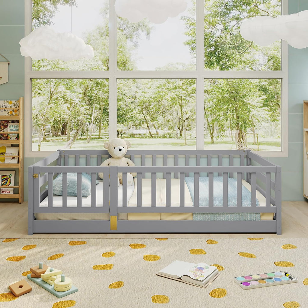 KOMFOTT Twin Size Wood Floor Bed with Door & 21.5' Fence, Montessori Bed Frame with Full Length Safety Guardrails, Door & Latch, Wooden Montessori Floor Bed for Kids, Girls, Boys