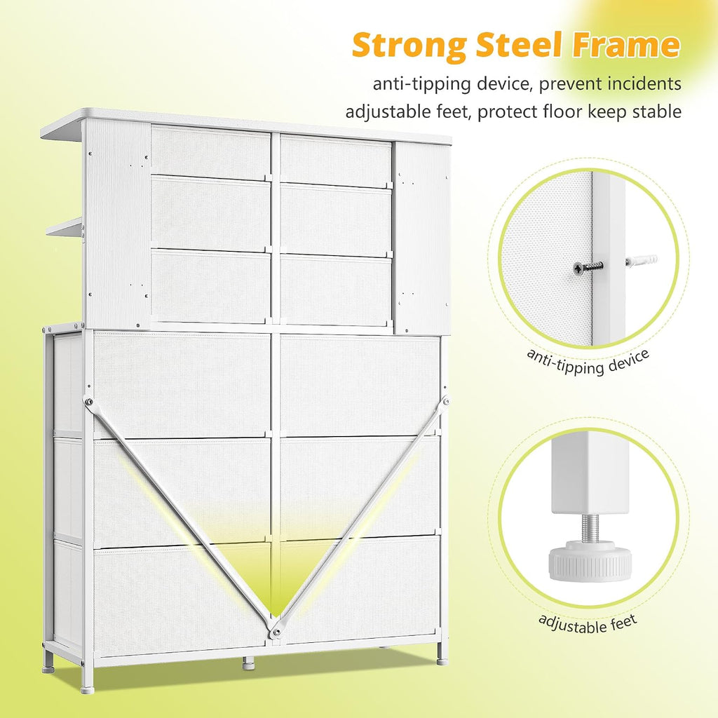 White Dresser for Bedroom with 12 Drawers & LED Lights,4 Open Storage Shelves, Fabric Dressers & Chests of Drawers for Living Room, Entryway, Dorm, Metal Frame, Wood Top,45.2' H x 35.4' W x 11.8' D