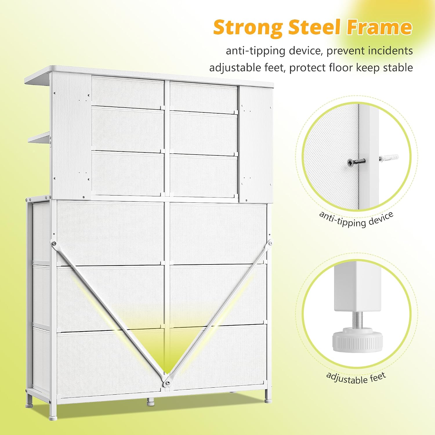 White Dresser for Bedroom with 12 Drawers & LED Lights,4 Open Storage Shelves, Fabric Dressers & Chests of Drawers for Living Room, Entryway, Dorm, Metal Frame, Wood Top,45.2' H x 35.4' W x 11.8' D