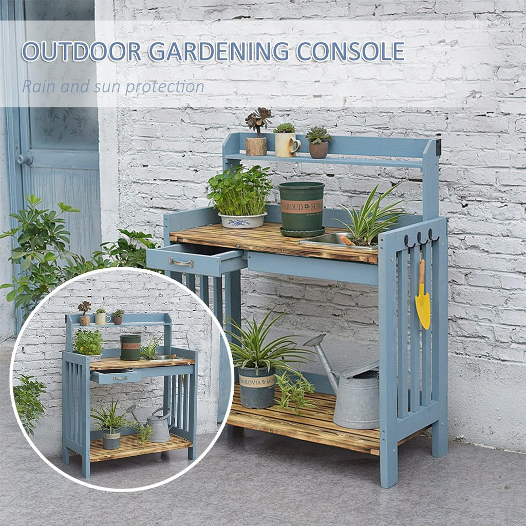 Outdoor Sink Station Open Shelves with Hooks, Removable Sink & Drawer Gardening Bench Potting Table (Blue 100x45x119cm)