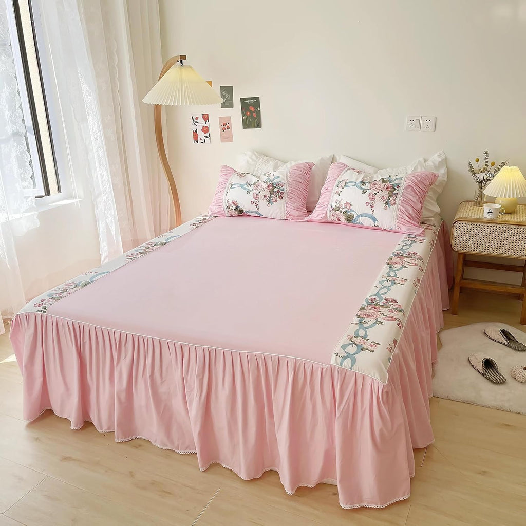 LELVA Romantic Rose Flower Print Bedding for Girls Duvet Cover Set with Bed Skirt Pink Lace Ruffle Floral Shabby Bedding Sets Full Piece
