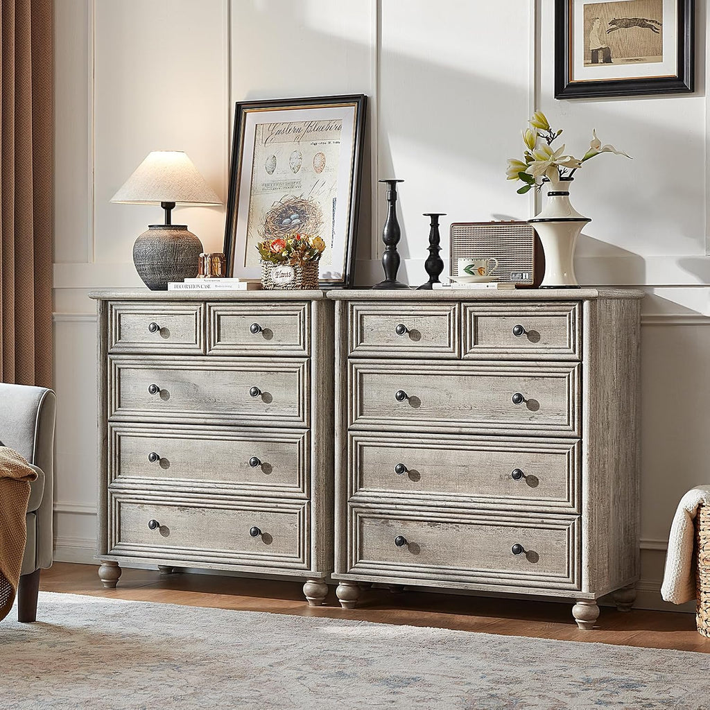 RWYHG Farmhouse 5 Drawer Dresser for Bedroom, 35.5' Tall Small Dressers & Chest of Drawers, Rustic Wood Dresser with Roman Column, Storage Organizer for Living Room, Hallway, Closet (Grey)