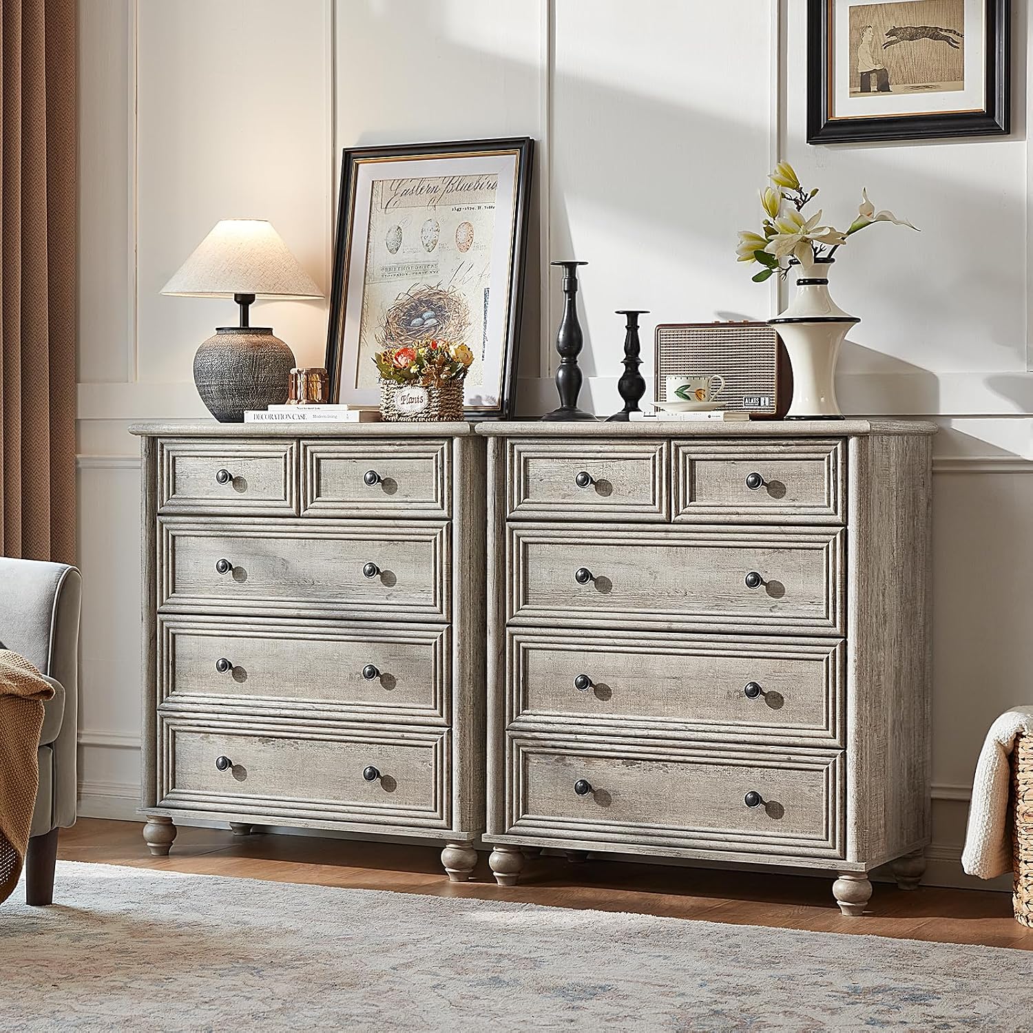RWYHG Farmhouse 5 Drawer Dresser for Bedroom, 35.5' Tall Small Dressers & Chest of Drawers, Rustic Wood Dresser with Roman Column, Storage Organizer for Living Room, Hallway, Closet (Grey)