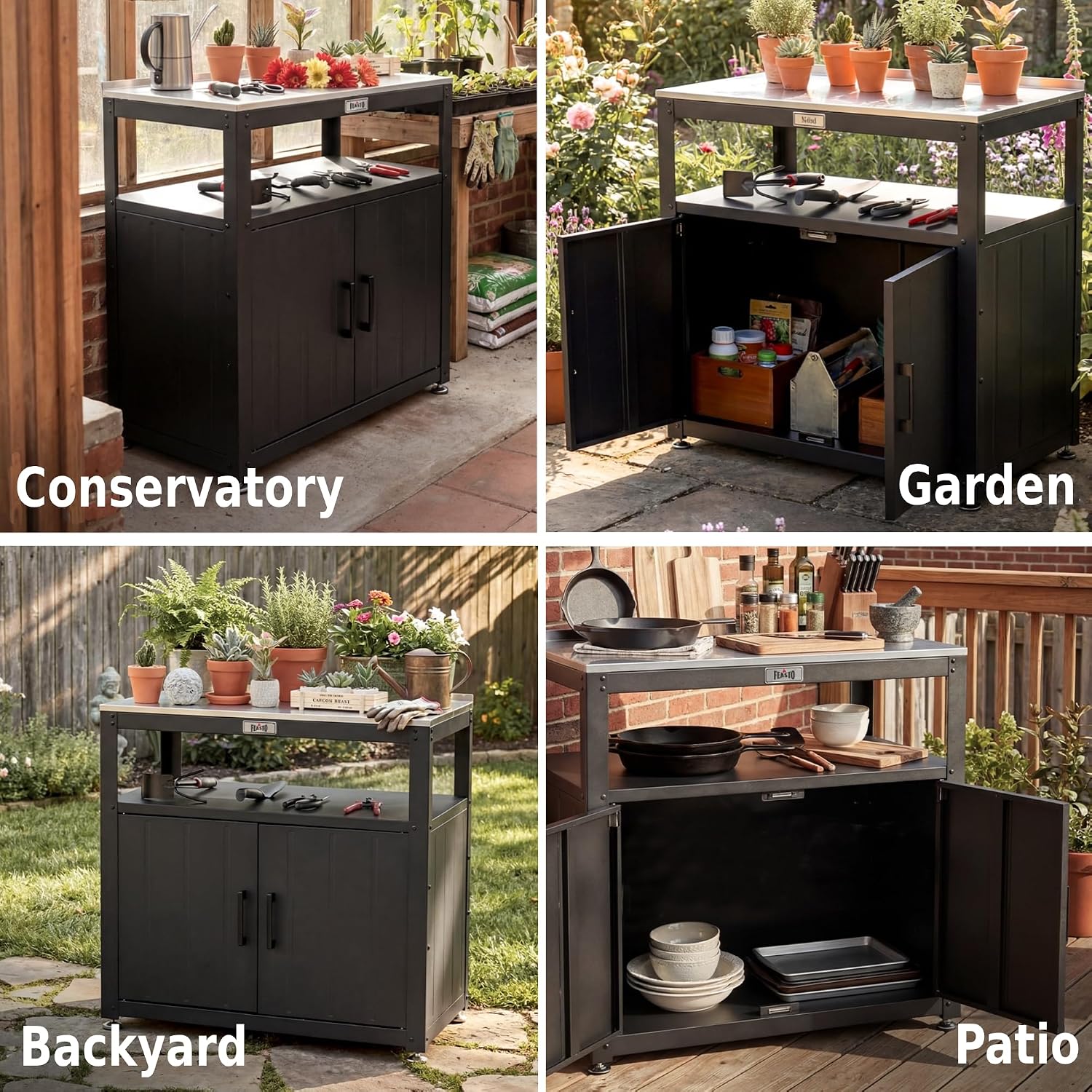 Feasto Heavy-Duty Potting Bench with Storage & Stainless Steel Top | Outdoor Garden Work Table with 200lb Capacity, Adjustable Shelf & Feet, Black