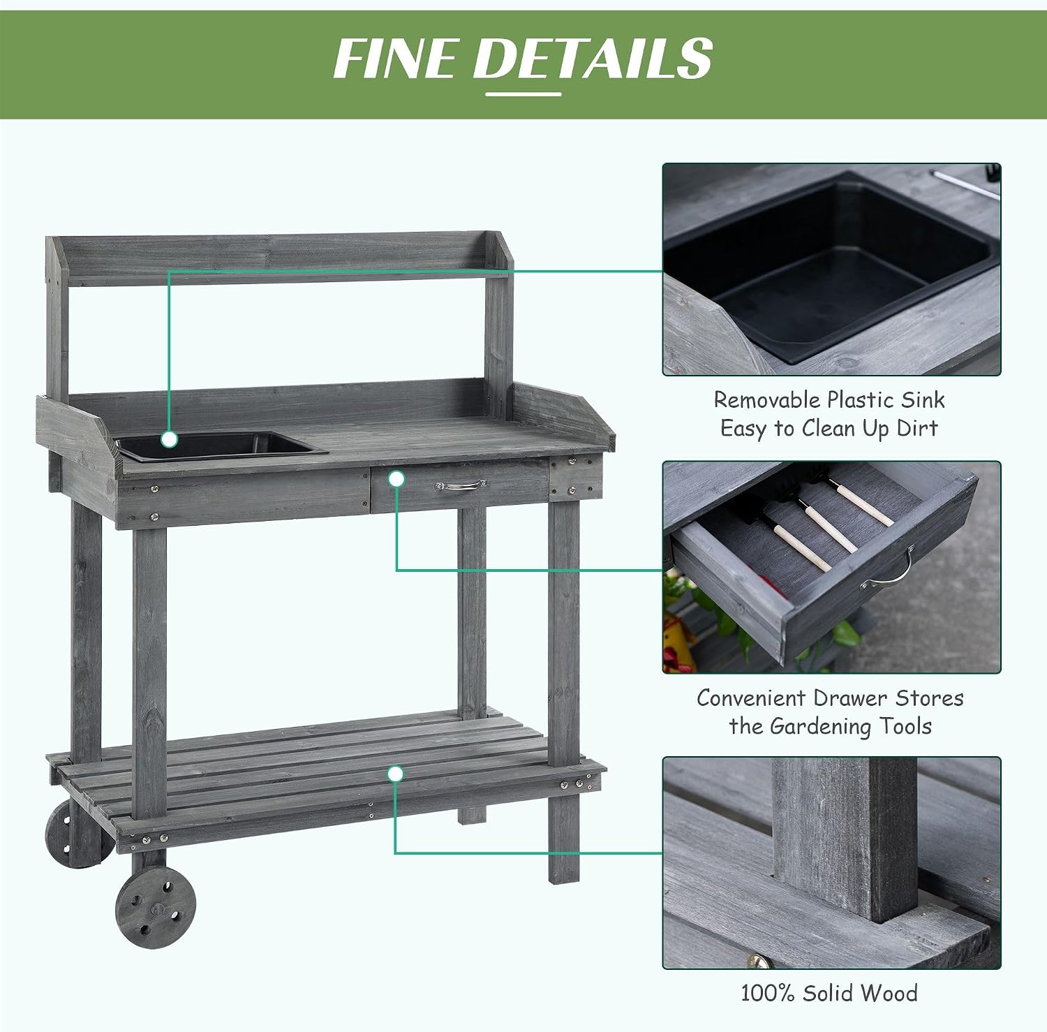 30x24x36in All-Round Potting Bench with Casters Stainless Steel Sink Roller Drawer Storage Compartment Solid Oak Beige Gray