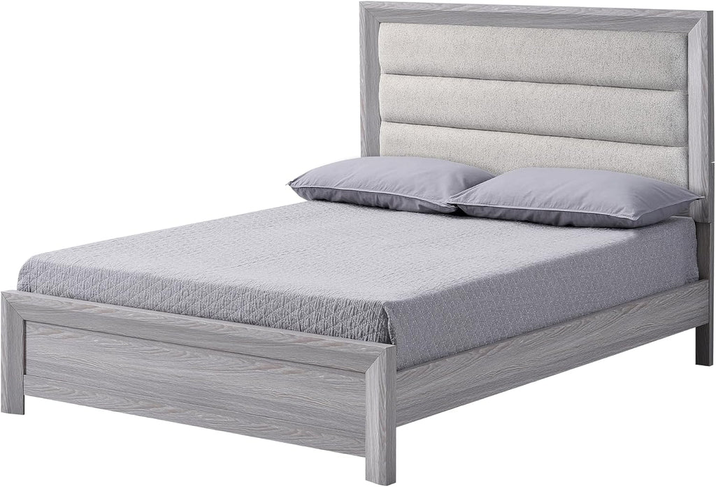 Drift Wood Grey Finish Full Size Upholstered Channel Tufted Panel 4pc Bed Set Wooden Bedroom Furniture Contemporary