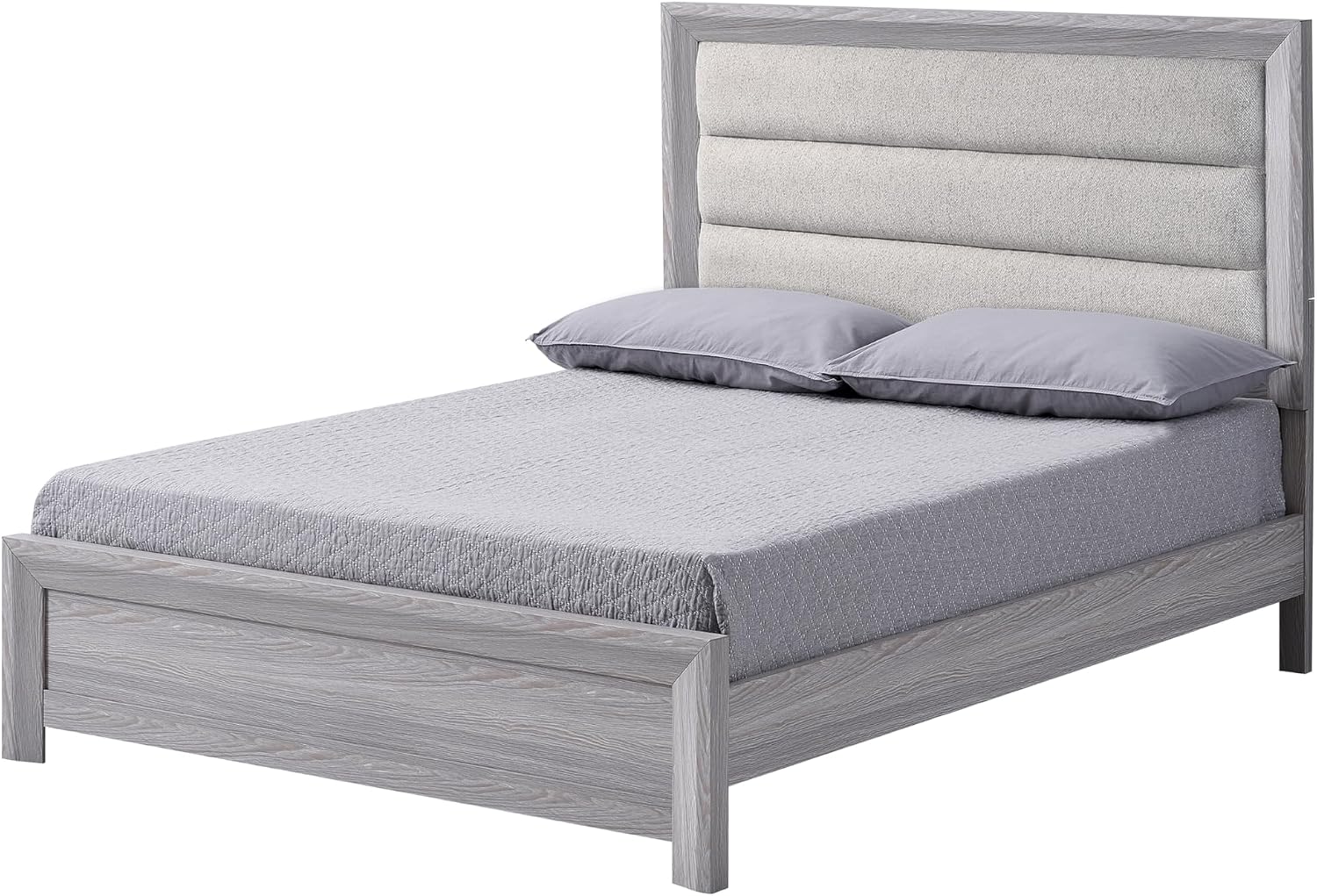 Drift Wood Grey Finish Full Size Upholstered Channel Tufted Panel 4pc Bed Set Wooden Bedroom Furniture Contemporary