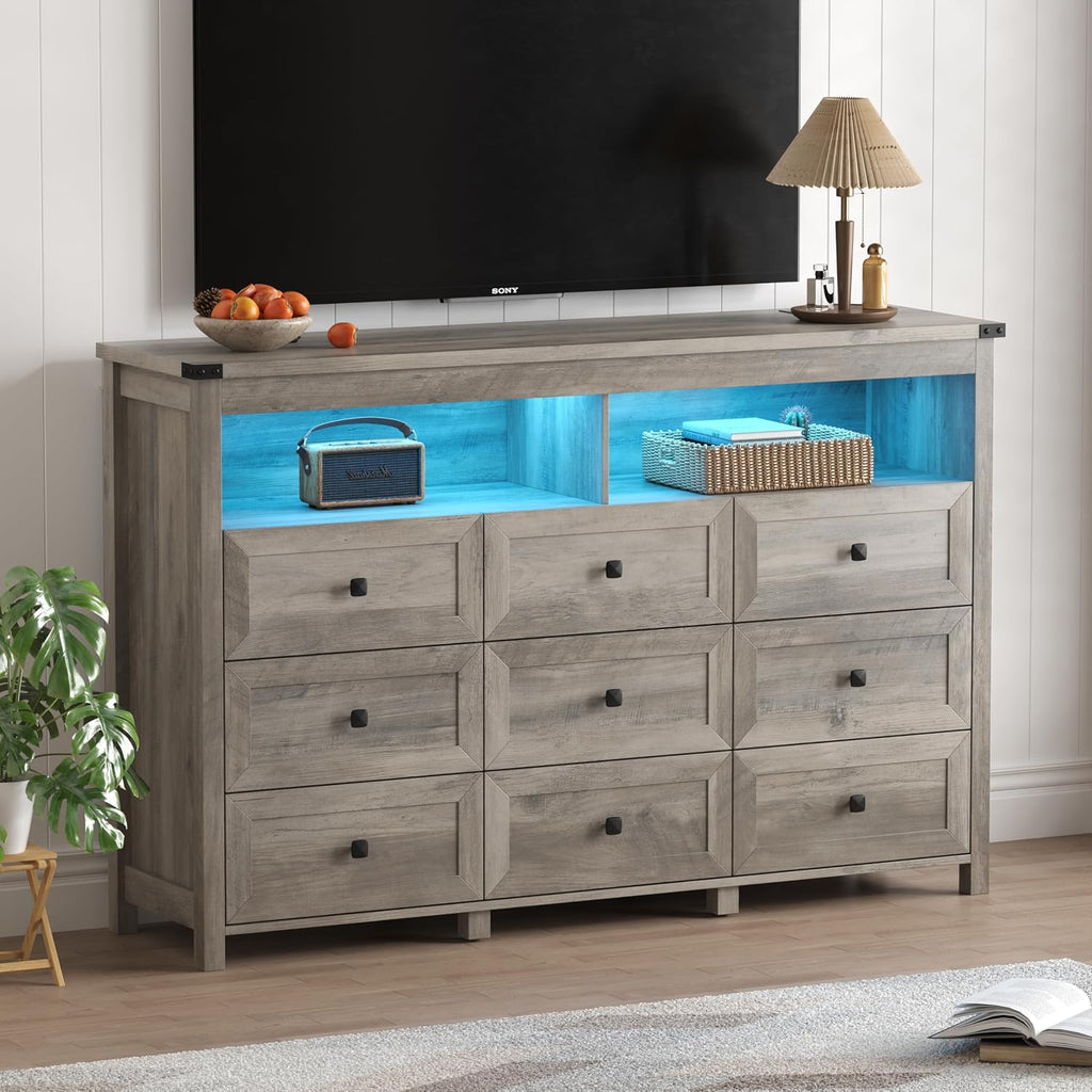 Dresser for Bedroom with 9 Drawers, Wide Chest of Drawers with LED Light and Power Outlet, Wooden Closet Organizer Clothes Storage Cabinet, Modern Double Dressers for Living Room, Hallway, Grey