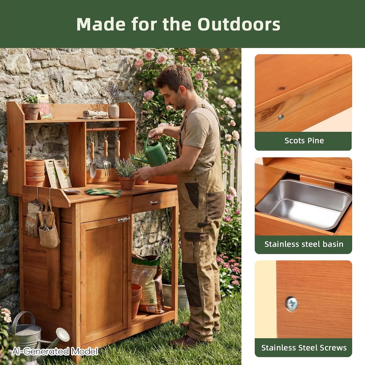 OOOK Potting Bench, Nordic Scots Pine Potting Table with Sliding Tabletop, Removable Sink, Garden Bench, Workstation for Outside Patio Lawn, Wooden Garden Work Station