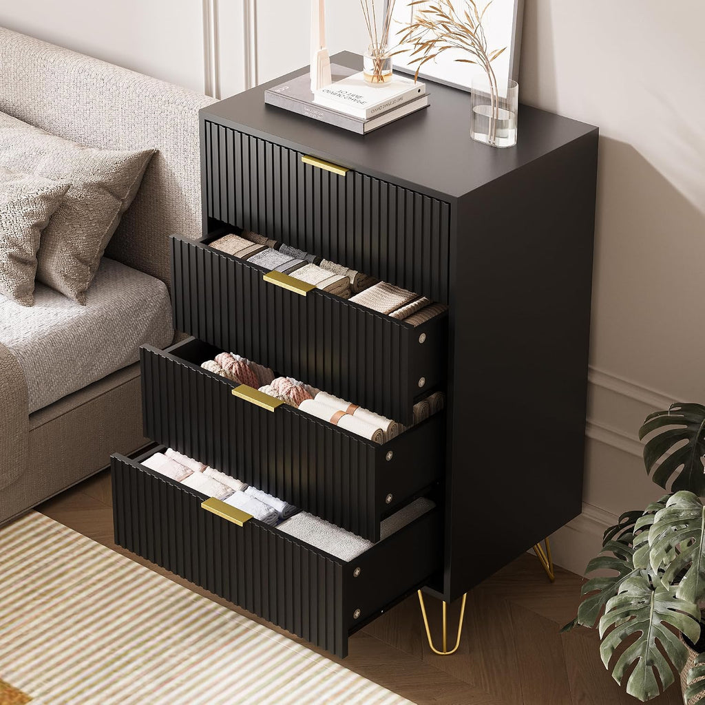 MAISONARIA Black Dresser for Bedroom, 4 Drawer Dresser with Gold Metal Handles & Chests of Drawers, Chests of Drawers for Hallway, Bedroom